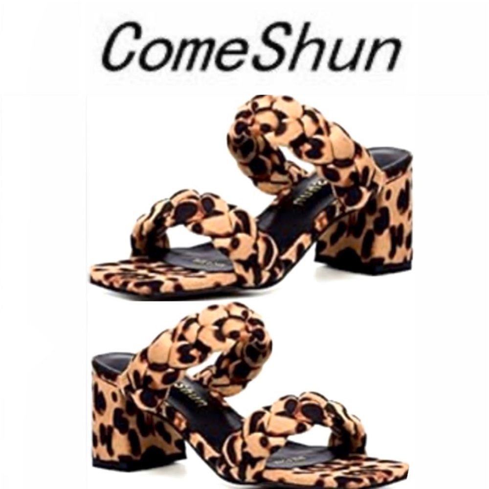 🛍️COMESHUN Womens leopard print heeled open Square Toe slides size5 1/2 (36)NEW